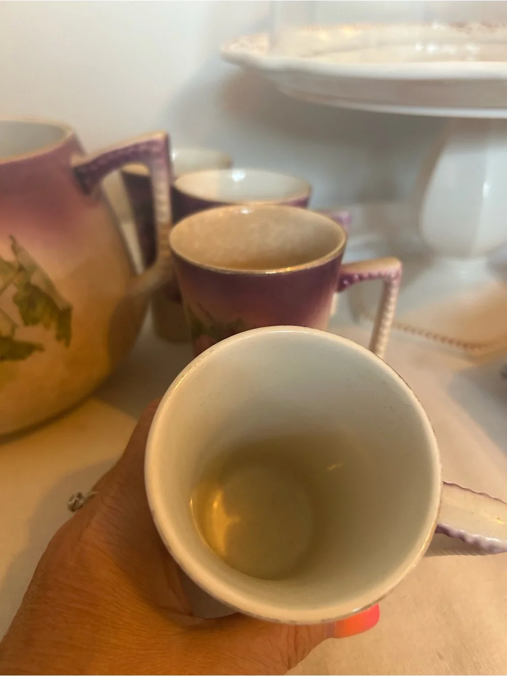 Antique Victorian grape lemonade or cider Pitcher and 8 Mug Set Dresden 1890s